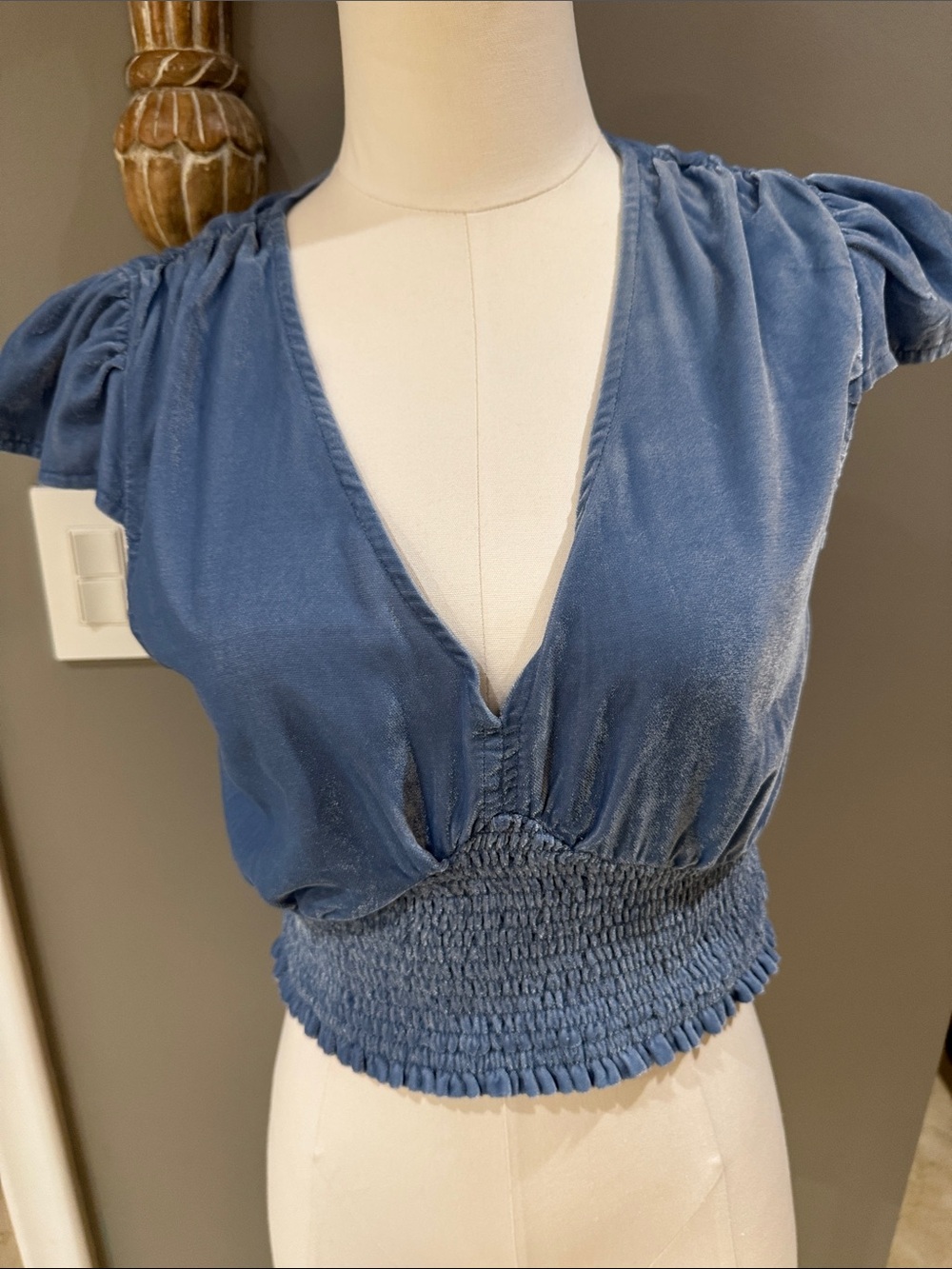 aerie Dusty Blue Velvet V-Neck Smocked Crop Top
